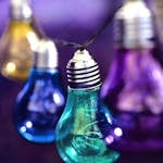 Purple, Teal, Blue, and Yellow Hanging Light Bulbs